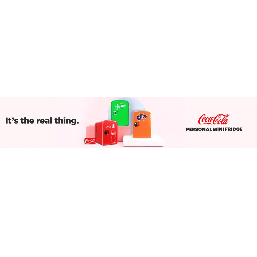 Product shots of Coke-branded 4L mini fridges on a red and white background with the Coca-Cola logo and text reading, "It's the real thing," above