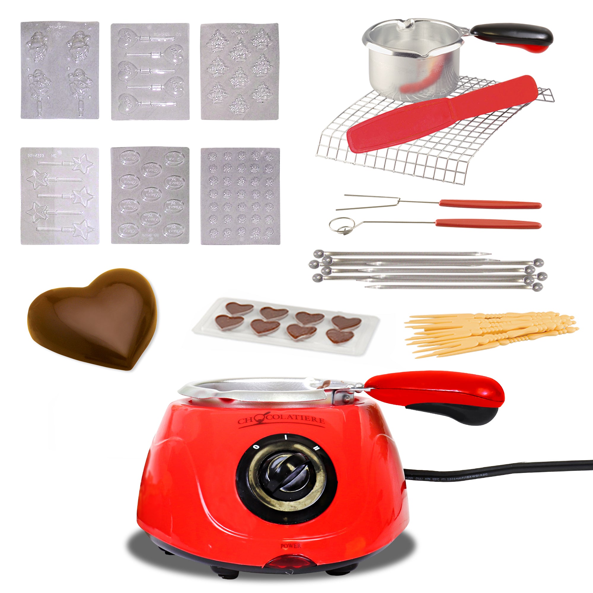 Total Chef Chocolatiere Electric Melter for Chocolate and Candy Melts, 8.8 oz (250 g), Fondue Pot, DIY Candy Maker with 32-Piece Accessory Kit for Dessert, Special Occasion, Romantic Dinner, Red
