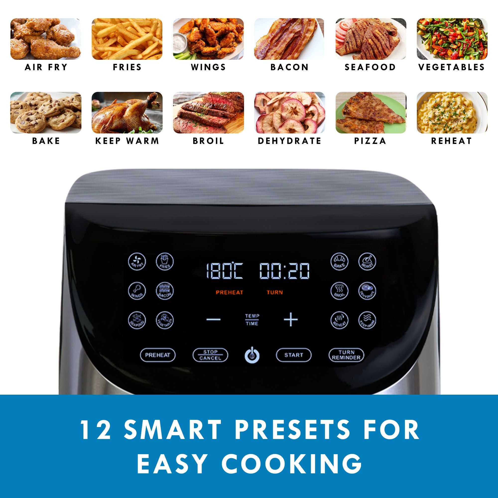 Closeup of the air fryer's digital control panel display screen with small labeled pictures above showing the 12 programs: Airfry, Fries, Wings, Bacon, Seafood, Vegetables, Bake, Keep Warm, Broil, Dehydrate, Pizza, Reheat. Text below reads, "12 smart presets for easy cooking." 
