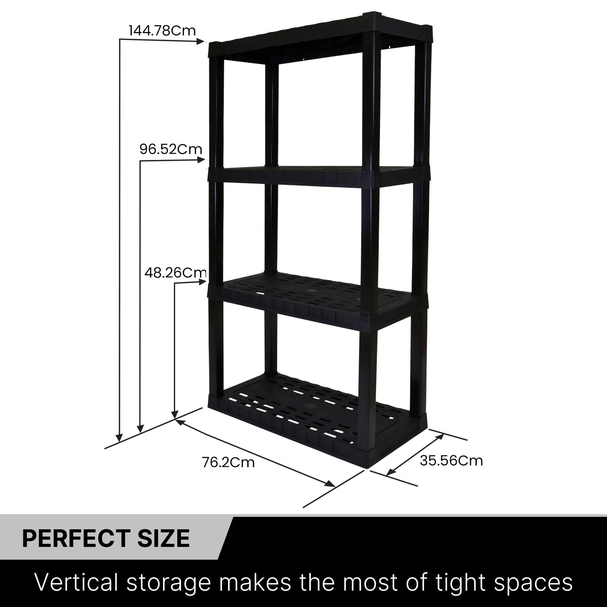 Oskar 4-Tier Storage Shelf, Holds 180 kg, H 145 X W 76 X D 36 CM, Multipurpose Organizer for Cellar, Basement, Utility Shed, Workshop, Tool-Free Assembly, Made With Recycled Materials, Black