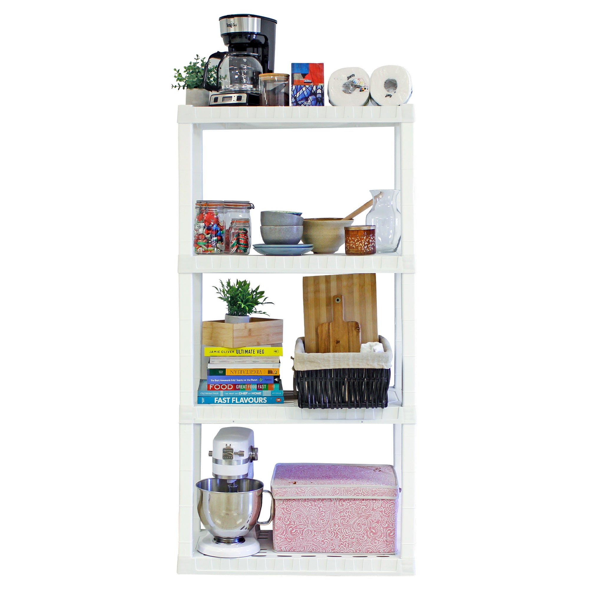 Oskar 4-Tier Storage Shelf, Holds 180 kg, H 145 X W 76 X D 36 CM, Multipurpose Organizer for Cellar, Basement, Utility Shed, Workshop, Tool-Free Assembly, Made With Recycled Materials, White