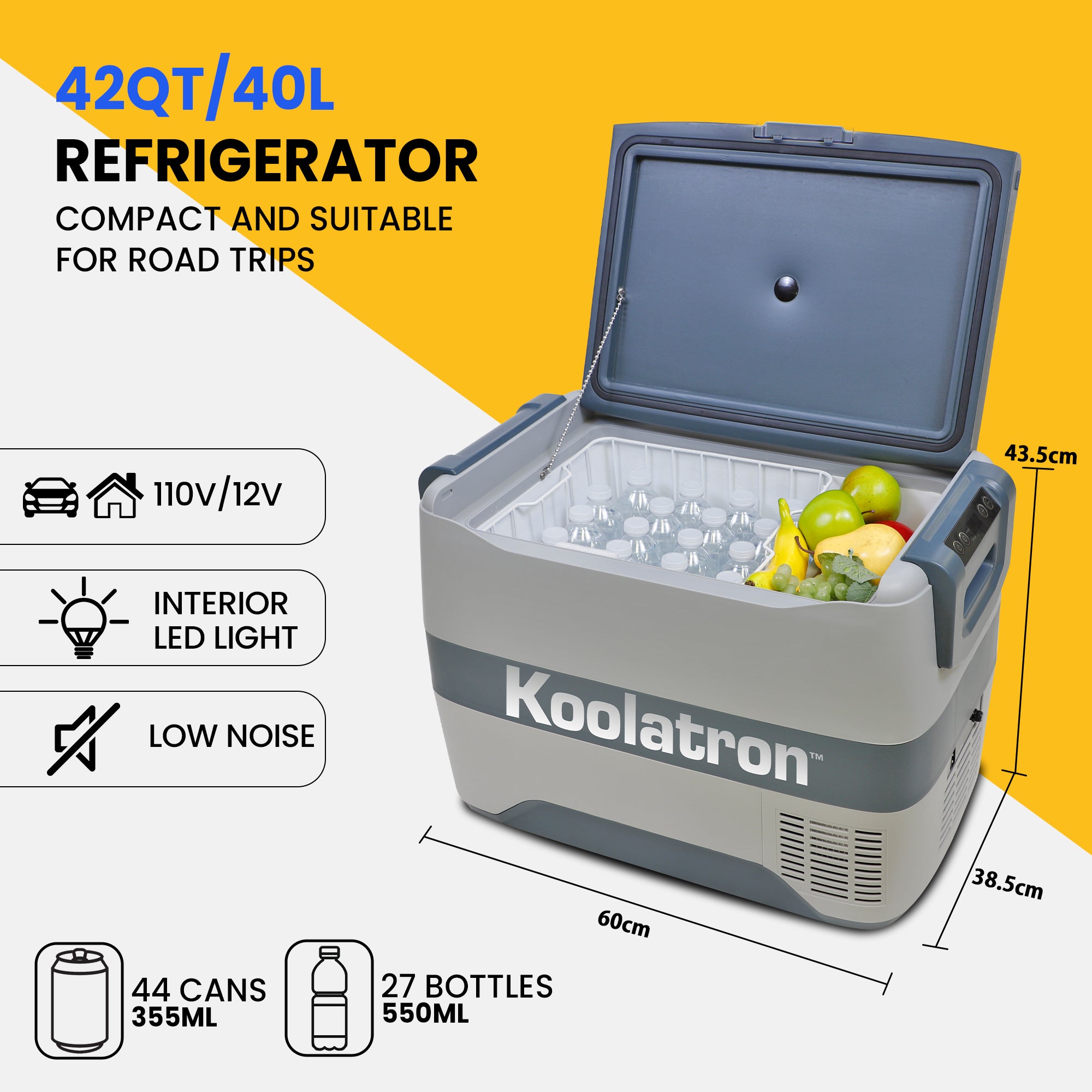 Fridge Freezer Electric Cool Box 40L Cooler Box Portable 12v Camping Car Fridge Refrigerator For Campervan Perfect for Road Trips Compressor Cooling