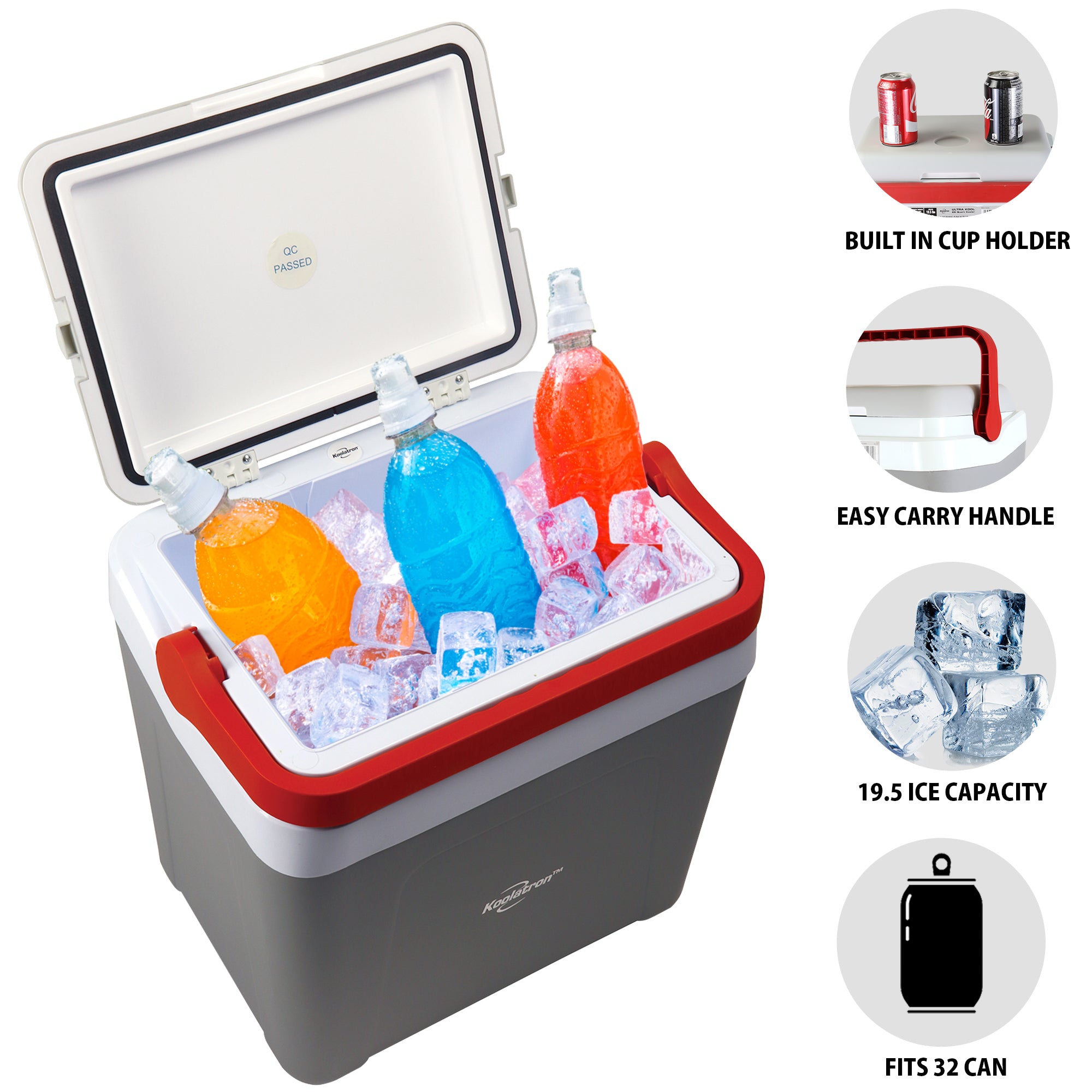 Koolatron 25 liter ice chest, open and filled with ice and three bottles of brightly-colored juice inside. Inset closeups, labeled, show features: Built-in cup holder; easy carry handle; 19.5 ice capacity; fits 32 can