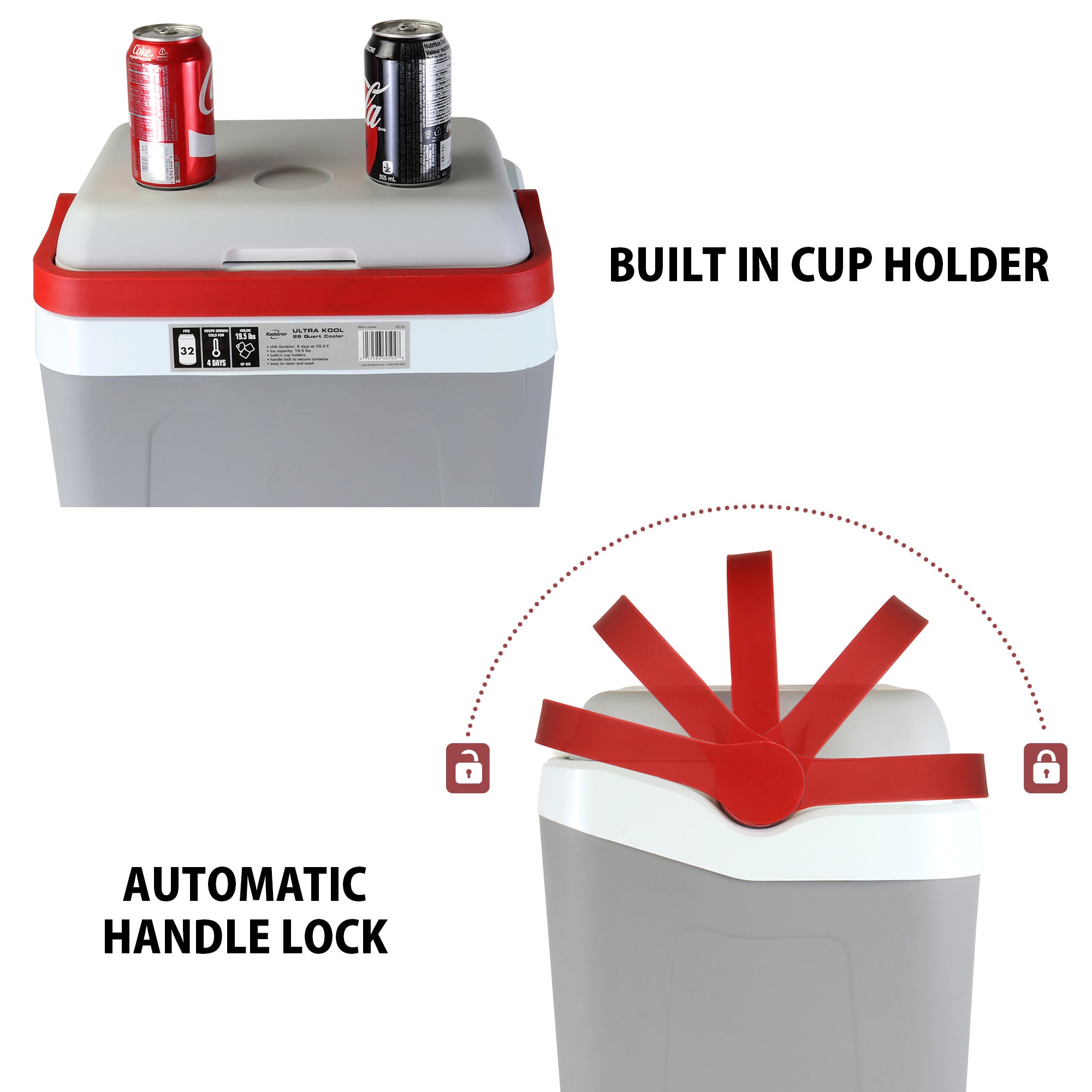 Top image is a closeup of the top half of the cooler with soda cans in two of the cup holders on the lid with text to the right reading, "Built in cup holder." Bottom image is a closeup of the cooler from the side showing the handle moving from locked to unlocked position with text to the left reading, "Automatic handle lock"