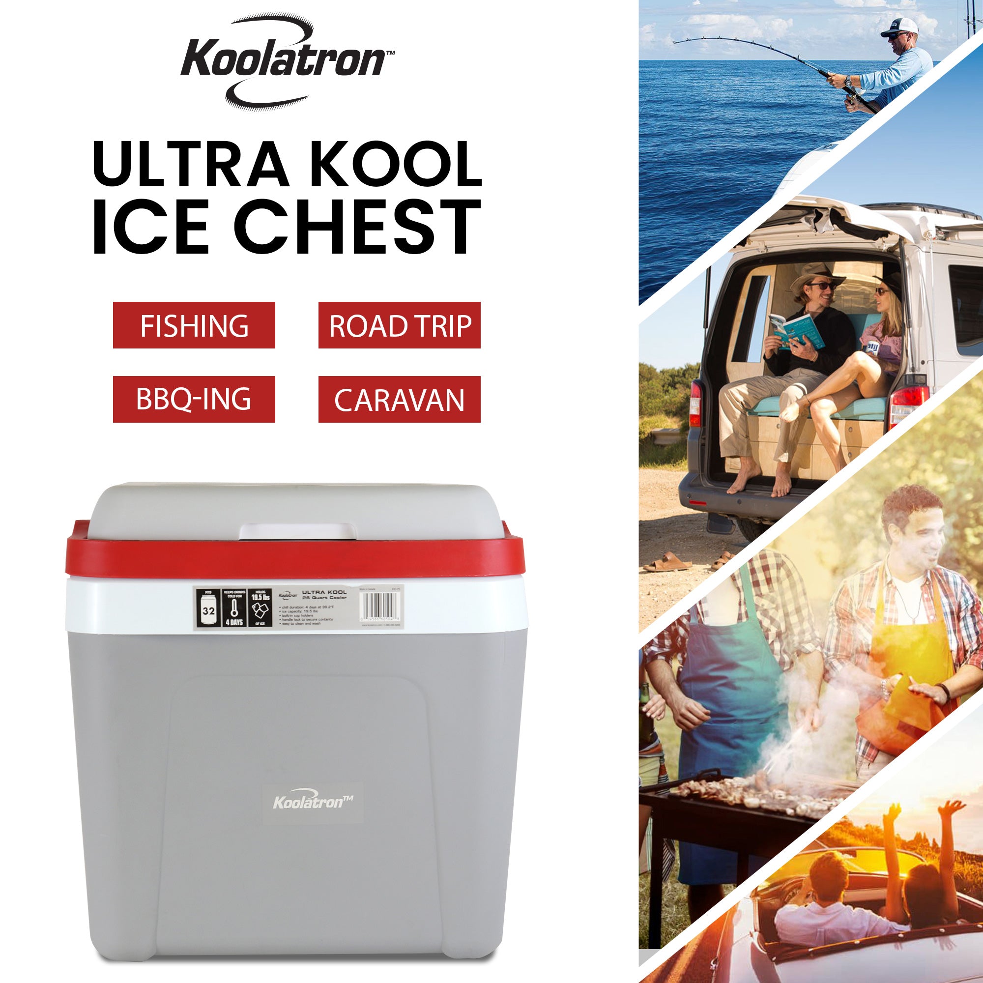 On the left is an image of the 26 quart ice chest with text above reading, "Koolatron Ultra Kool Ice chest: Fishing, road trip, BBQing, Caravan." On the right are four pictures showing settings where the cooler could be used: Fishing from a boat; sitting in a caravan on a road trip; at an outdoor BBQ; and driving in a convertible