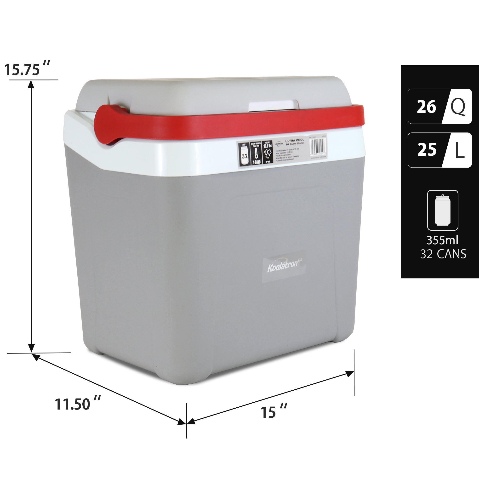 Koolatron 25L ice chest cooler on a white background with dimensions labeled; inset text and icons describe capacity: 26 qt; 25L; 32 x 355 mL cans